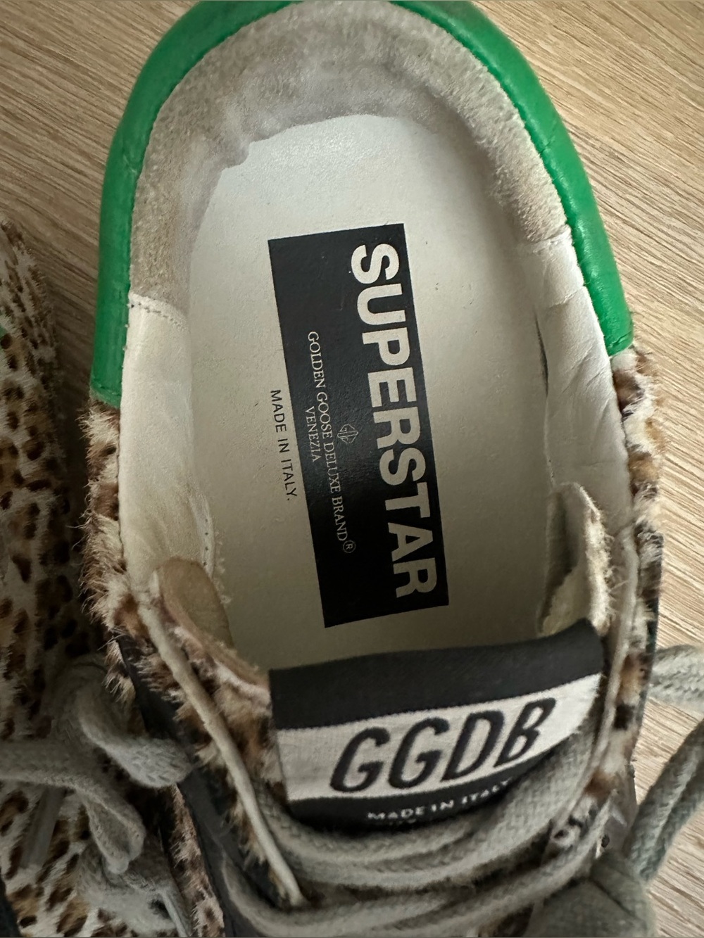 Golden Goose GGDB Super Star Leopard Pony Hair Sneakers Green Heel Tab EU 37 - Picture 7 of 12